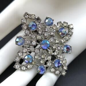 Vintage Blue AB Rhinestone Brooch, Pot Metal Base, 1940s, 2 Inches